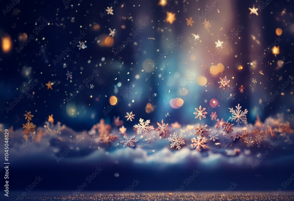 Poster A dark blue background with clouds and falling snow with a soft glow of light.