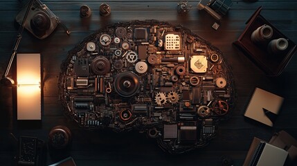 Brain constructed from various objects representing knowledge, books, gears, circuit boards, mathematical symbols, educational items arranged in brain shape. 