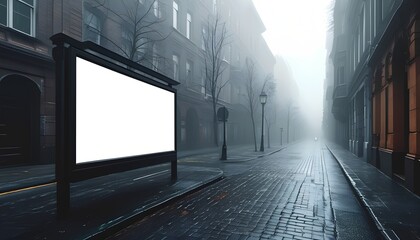 Fototapeta premium A serene cityscape the stillness of an empty street with a blank billboard in the fog evoking a sense of mystery and anticipation in an urban setting