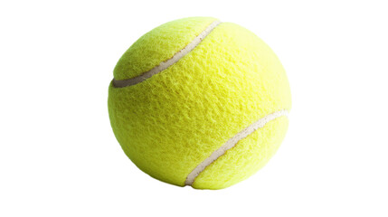 A close-up view of a vibrant yellow tennis ball resting on a clean white background