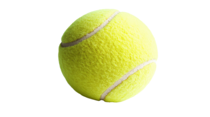 A close-up view of a vibrant yellow tennis ball resting on a clean white background