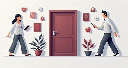 Healthcare reform in gray and maroon with clean lines, open doors, and passports, symbolizing accessible health reforms. Texture overlays add spatial depth and priority.