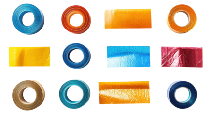 Colorful tape rolls in a grid on a white background showcase creativity and craft