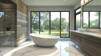 Fototapeta premium Modern Bathroom with Luxurious Bathtub and Stunning View