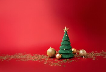 A small green Christmas tree with gold ornaments sits on a red background with gold confetti.