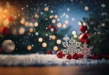 A snowy winter scene with red ornaments and silver snowflakes on a wooden table, glowing lights in the background.