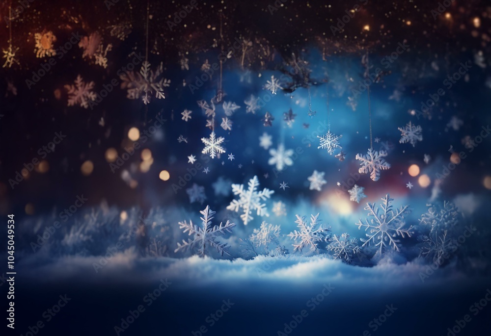 Poster a serene winter night with a dark blue sky and falling snowflakes. the ground is covered in snow wit