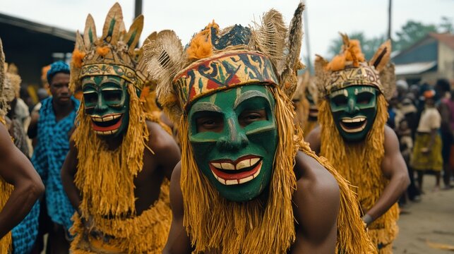 Igbo masquerade dance festivals, vibrant events where masked dancers perform to honor ancestral spirits and celebrate the harvest