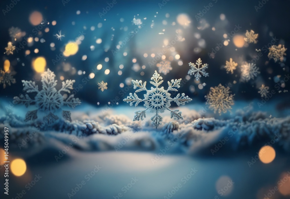 Aufkleber a snowy scene with large snowflakes on a snowy ground. the background is a dark blue with light boke