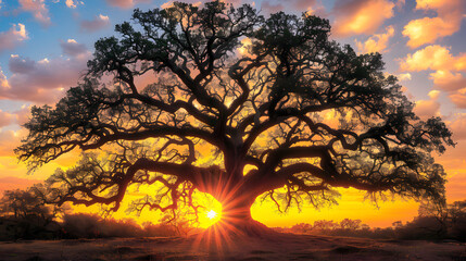 Naklejka premium Magnificent sunset behind the silhouette of an oak tree