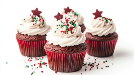 Festive red velvet cupcakes with cream cheese frosting and holiday sprinkles, isolated on white background