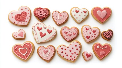 Fototapeta premium Festive Valentine cookies decorated with hearts, roses, and love messages, isolated on white background