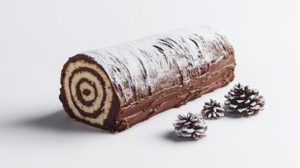 Festive Yule log cake with chocolate frosting and powdered sugar snow, isolated on white background