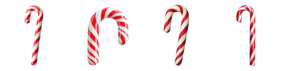 Four striped candy canes in varying orientations on a transparent background, evoking holiday cheer and festive spirit.