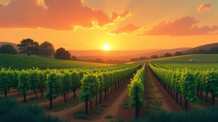 Breathtaking Sunset over an Organic Vineyard