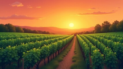 Fototapeta premium Breathtaking Sunset Over Organic Vineyard Emphasizing Sustainable Agriculture