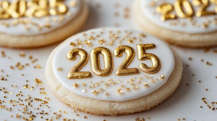 Glittery New Year Eve cookies with "2025" written in gold, isolated on white background