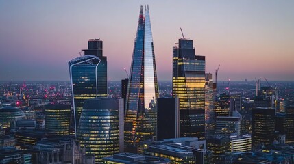 Obraz premium A view of London's skyline at dusk, with the Shard in the center.