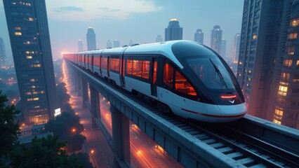 Fototapeta premium High-Tech Monorail System Travel Through Glowing Urban Nightscape