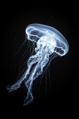 Beautiful glowing jellyfish in deep sea closeup view. Abstract background.