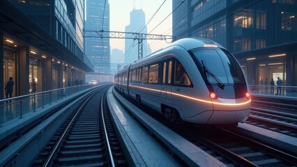 Fototapeta premium Futuristic Urban Railway: Illuminated Train in a Modern City