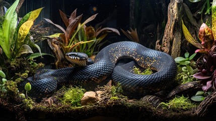Fototapeta premium Rare snake species being kept as pets, coiled in their custom-built terrariums with controlled environments