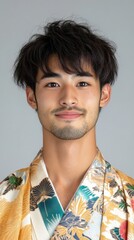 Fototapeta premium 落ち着いた背景を背景に、伝統的な着物を着た若い男性が微笑んでいる。