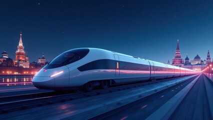 Futuristic High-Speed Train Gliding Through Moscow's Starry Night