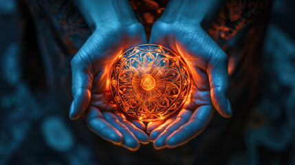 Glowing mandala sphere in hands - mystical energy and spiritual art