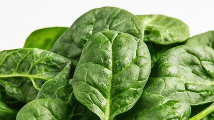 Obraz premium A close-up of fresh spinach leaves, highlighting their veins and texture, against a pristine white background for a natural, healthy look.