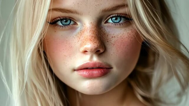 Serene young woman with freckles blue eyes portrait