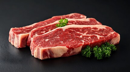 Raw Beef Steaks with Parsley on a Black Background