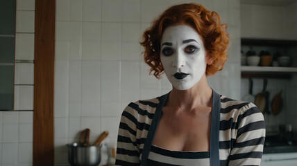 Housewife in the kitchen as a mime