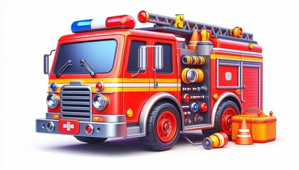 Cartoon Red Fire Truck Isolated On White Background.