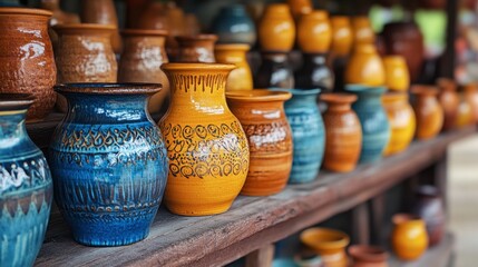 Colorful Handmade Pottery Display in Artisan Market