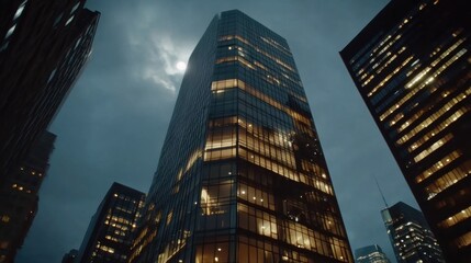 Obraz premium Abendliche Stadtlandschaft mit beleuchteten Wolkenkratzern und stimmungsvollem Himmel für Städtebau- und Architekturprojekte