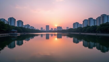 Fototapeta premium Tranquil sunset over urban lake