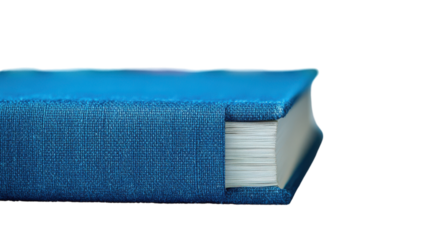 A close-up view of a beautifully crafted blue book resting against a clean white background