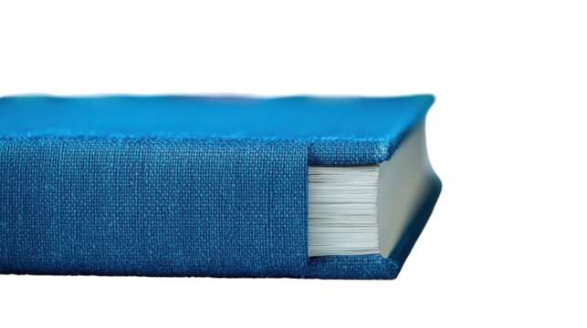 A close-up view of a beautifully crafted blue book resting against a clean white background