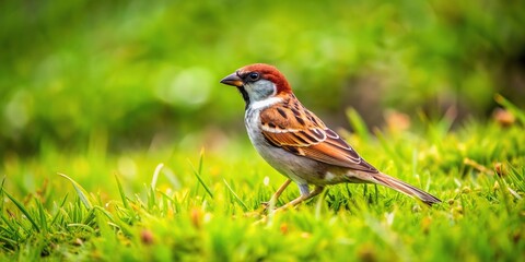 Fototapeta premium Small sparrow sitting on grass with tropical mountain background