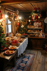 Fototapeta premium Cozy and Festive Indoor Decor for the Holiday Season Featuring Traditional Treats and Cheerful Decorations