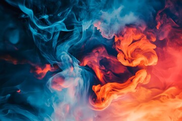 Obraz premium The image features a dynamic blend of colorful smoke in shades of blue and orange, swirling and intertwining against a dark background, creating an abstract masterpiece