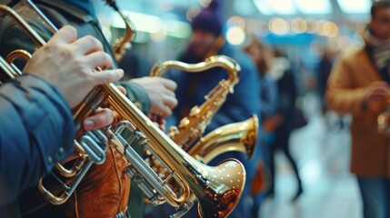 A group of musicians plays lively music adding to the lively and dynamic atmosphere of the concourse.