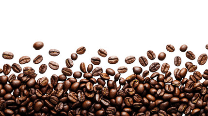 Aromatic coffee beans scattered artistically on a white background, capturing their rich texture