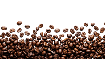 Aromatic coffee beans scattered artistically on a white background, capturing their rich texture