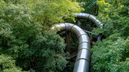 Industrielle Rohre schlängeln sich durch üppiges Grün in einer Waldlandschaft für Umweltdesignprojekte