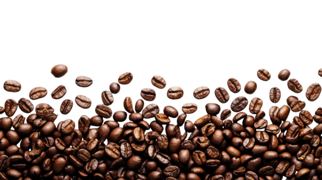 Aromatic coffee beans scattered artistically on a white background, capturing their rich texture