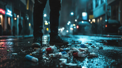 Fototapeta premium Urban night scene with littered capsules on wet street reflecting city lights and anonymous figure