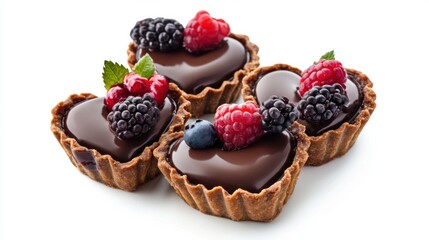 Heart-shaped chocolate tarts with berry garnish, perfect for Valentine Day 2025, isolated on white background