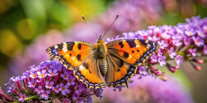 Small tortoiseshell butterfly on buddleia plant in a medium shot